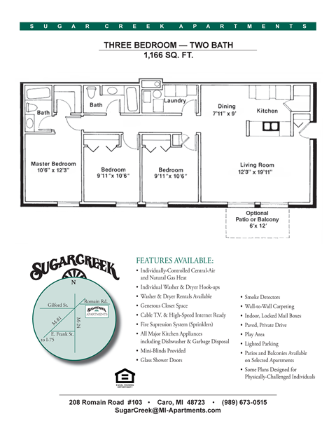 Floor plan for 3 beds, 2 baths, 1166 sqft